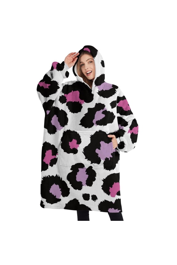 Oversized Wearable Blanket Hoodie,White and Pink Of Leopard Print Sherpa Blanket Hoodie with Super Pockets,Super Warm Fuzzy Pullover for Women & Men