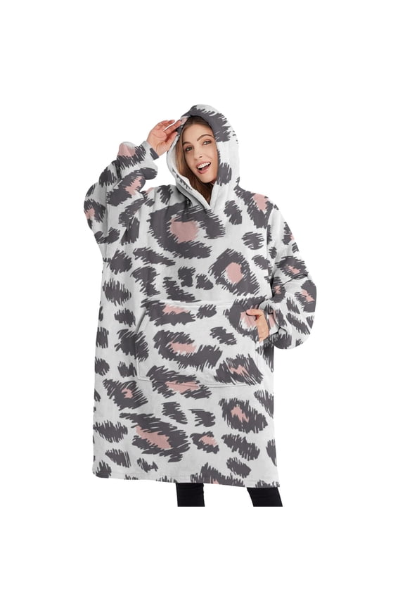 Oversized Wearable Blanket Hoodie,White and Pink Of Leopard Print Sherpa Blanket Hoodie with Super Pockets,Super Warm Fuzzy Pullover for Women & Men