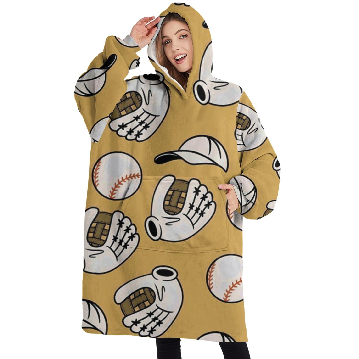 Oversized Wearable Blanket Hoodie,Yellow Baseball Items Pattern Sherpa Blanket Hoodie with Super Pockets,Super Warm Fuzzy Pullover for Women & Men