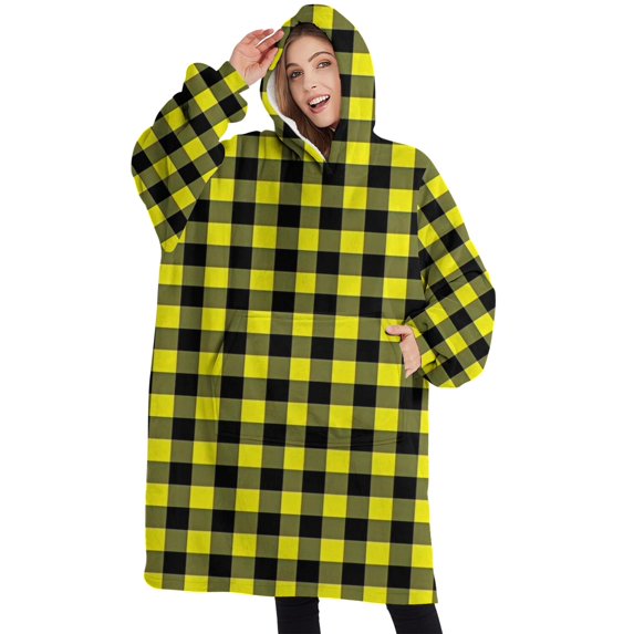 Oversized Wearable Blanket Hoodie,Yellow Black Checkerboard Checkered Pattern Sherpa Blanket Hoodie with Super Pockets,Super Warm Fuzzy Pullover for Women & Men