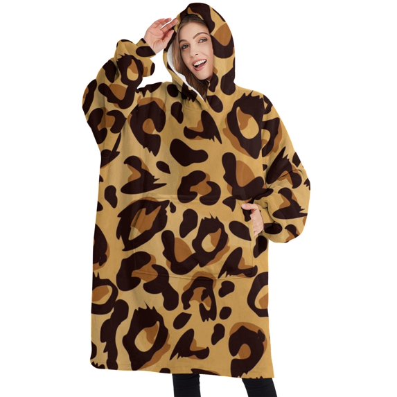 Oversized Wearable Blanket Hoodie,Yellow and Brown Of Leopard Print Sherpa Blanket Hoodie with Super Pockets,Super Warm Fuzzy Pullover for Women & Men