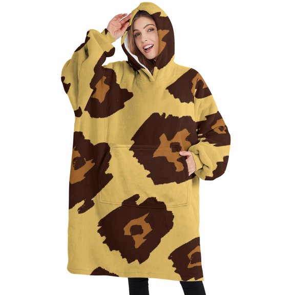 Oversized Wearable Blanket Hoodie,Yellow and Brown Of Leopard Print Sherpa Blanket Hoodie with Super Pockets,Super Warm Fuzzy Pullover for Women & Men