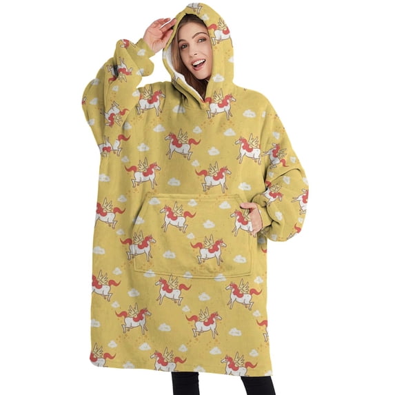 Oversized Wearable Blanket Hoodie,Yellow Cartoon Unicorn Pattern Sherpa Blanket Hoodie with Super Pockets,Super Warm Fuzzy Pullover for Women & Men