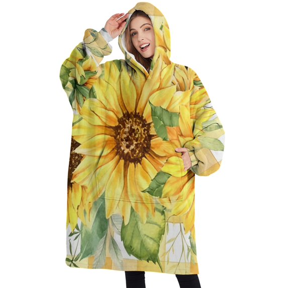 Oversized Wearable Blanket Hoodie,Yellow Checker Sunflower Bouquet Pattern Sherpa Blanket Hoodie with Super Pockets,Super Warm Fuzzy Pullover for Women & Men