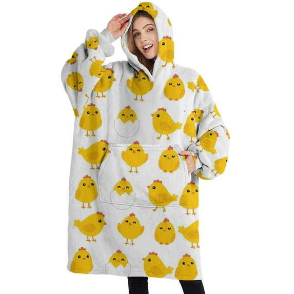 Oversized Wearable Blanket Hoodie,Yellow Chicken Pattern Sherpa Blanket Hoodie with Super Pockets,Super Warm Fuzzy Pullover for Women & Men
