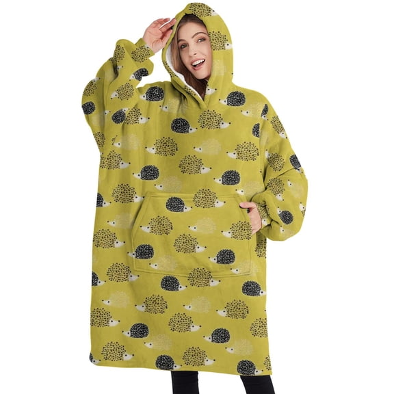 Oversized Wearable Blanket Hoodie,Yellow Cute Hedgehog Sherpa Blanket Hoodie with Super Pockets,Super Warm Fuzzy Pullover for Women & Men