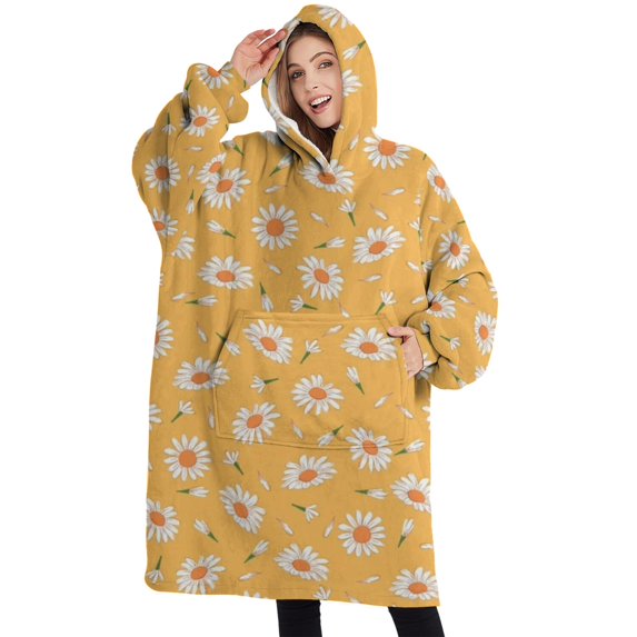 Oversized Wearable Blanket Hoodie,Yellow Daisy Flower Retro Pattern Sherpa Blanket Hoodie with Super Pockets,Super Warm Fuzzy Pullover for Women & Men