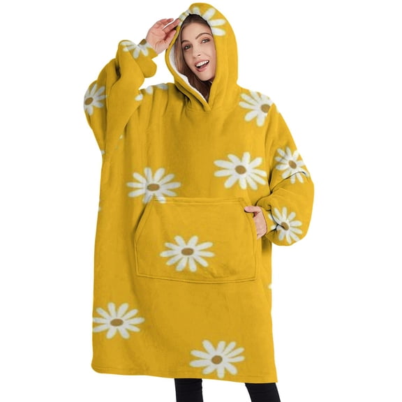 Oversized Wearable Blanket Hoodie,Yellow Daisy Flower White Blooms Pattern Sherpa Blanket Hoodie with Super Pockets,Super Warm Fuzzy Pullover for Women & Men