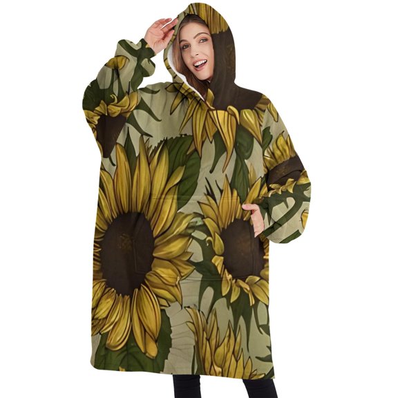 Oversized Wearable Blanket Hoodie,Yellow Green Leaf Sunflower Pattern Sherpa Blanket Hoodie with Super Pockets,Super Warm Fuzzy Pullover for Women & Men