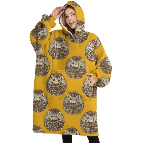 Oversized Wearable Blanket Hoodie,Yellow Hedgehog Pattern Sherpa Blanket Hoodie with Super Pockets,Super Warm Fuzzy Pullover for Women & Men