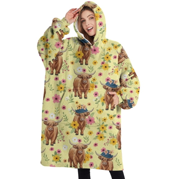 Oversized Wearable Blanket Hoodie,Yellow Highland Cow Flower Hat Pattern Sherpa Blanket Hoodie with Super Pockets,Super Warm Fuzzy Pullover for Women & Men