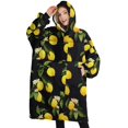 thumbnail image 1 of Oversized Wearable Blanket Hoodie,Yellow Lemon Fruit Flowers Black Pattern Sherpa Blanket Hoodie with Super Pockets,Super Warm Fuzzy Pullover for Women & Men, 1 of 6