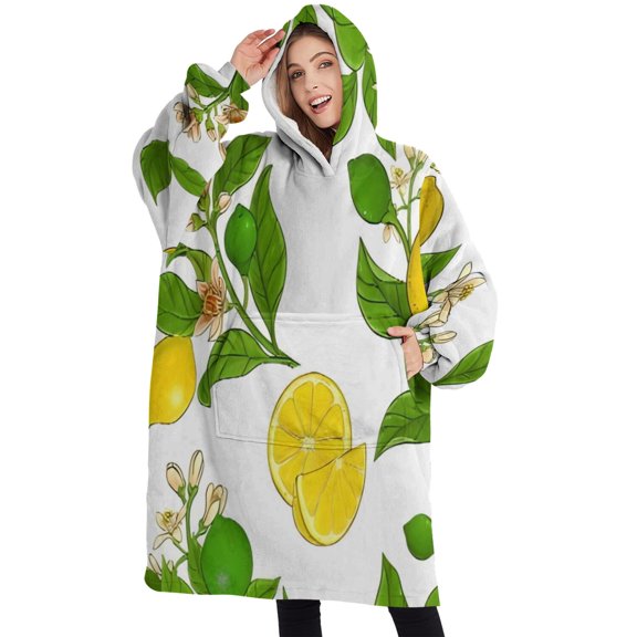 Oversized Wearable Blanket Hoodie,Yellow Lemon Fruit Limes White Pattern Sherpa Blanket Hoodie with Super Pockets,Super Warm Fuzzy Pullover for Women & Men