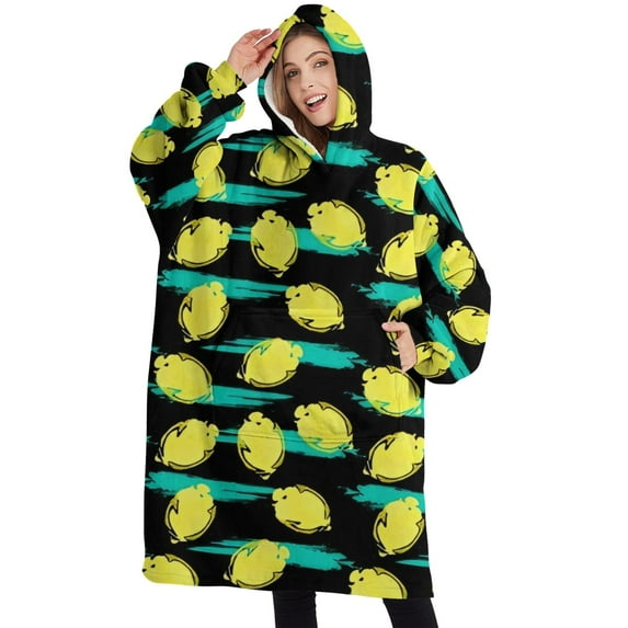 Oversized Wearable Blanket Hoodie,Yellow Lemon Fruit Slices Black Pattern Sherpa Blanket Hoodie with Super Pockets,Super Warm Fuzzy Pullover for Women & Men