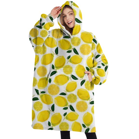 Oversized Wearable Blanket Hoodie,Yellow Lemon Fruit Slices White Pattern Sherpa Blanket Hoodie with Super Pockets,Super Warm Fuzzy Pullover for Women & Men