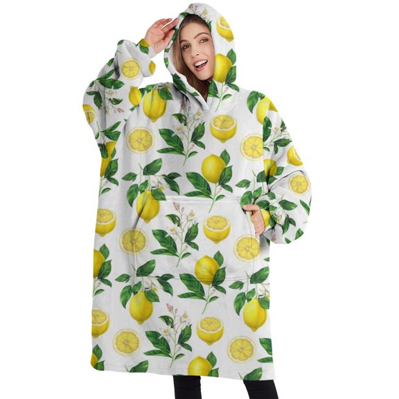 Oversized Wearable Blanket Hoodie,Yellow Lemon Fruit Slices White Pattern Sherpa Blanket Hoodie with Super Pockets,Super Warm Fuzzy Pullover for Women & Men