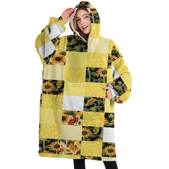 Oversized Wearable Blanket Hoodie,Yellow White Checker Sunflower Pattern Sherpa Blanket Hoodie with Super Pockets,Super Warm Fuzzy Pullover for Women & Men