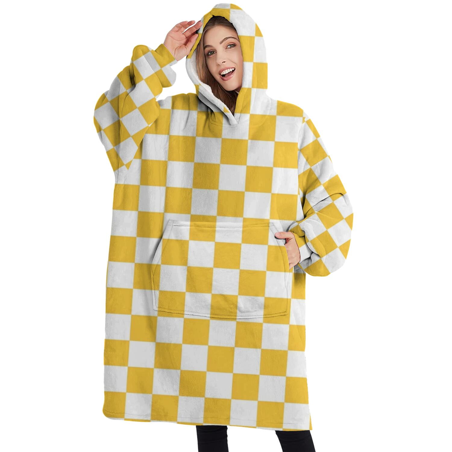Oversized Wearable Blanket Hoodie,Yellow White Checkerboard Checkered Pattern Sherpa Blanket Hoodie with Super Pockets,Super Warm Fuzzy Pullover for Women & Men
