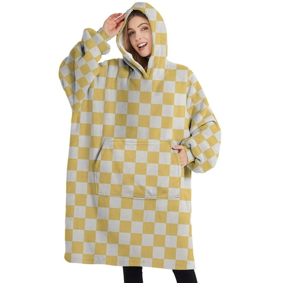 Oversized Wearable Blanket Hoodie,Yellow and White Checkerboard Pattern Sherpa Blanket Hoodie with Super Pockets,Super Warm Fuzzy Pullover for Women & Men