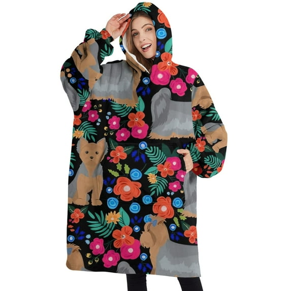 Oversized Wearable Blanket Hoodie,Yorkie Dog and Flower Florals Sherpa Blanket Hoodie with Super Pockets,Super Warm Fuzzy Pullover for Women & Men