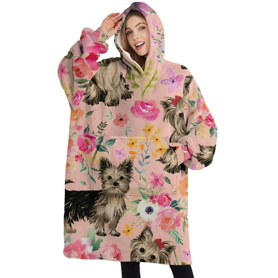 Oversized Wearable Blanket Hoodie,Yorkie Dog and Flower Florals Sherpa Blanket Hoodie with Super Pockets,Super Warm Fuzzy Pullover for Women & Men