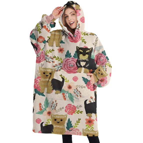 Oversized Wearable Blanket Hoodie,Yorkie Dog and Pioneer Flower Sherpa Blanket Hoodie with Super Pockets,Super Warm Fuzzy Pullover for Women & Men