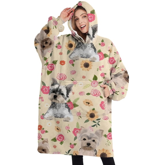 Oversized Wearable Blanket Hoodie,Yorkie with Pioneer Flower Sherpa Blanket Hoodie with Super Pockets,Super Warm Fuzzy Pullover for Women & Men