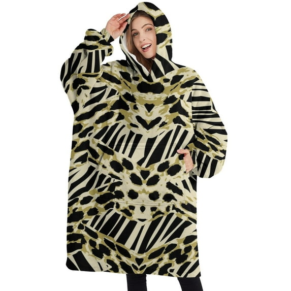 Oversized Wearable Blanket Hoodie,Zebra and Leopard Print Pattern Sherpa Blanket Hoodie with Super Pockets,Super Warm Fuzzy Pullover for Women & Men