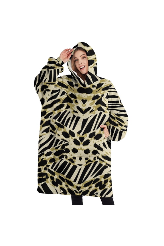 Oversized Wearable Blanket Hoodie,Zebra and Leopard Print Pattern Sherpa Blanket Hoodie with Super Pockets,Super Warm Fuzzy Pullover for Women & Men