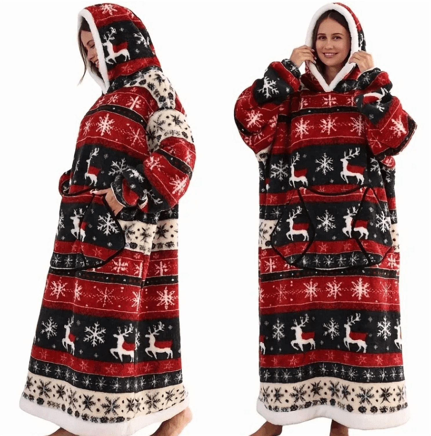 Oversized Wearable Blanket Sweatshirt, Thick Warm Fleece Cozy Sherpa Hooded with Pockets and Sleeves Gift for Adult