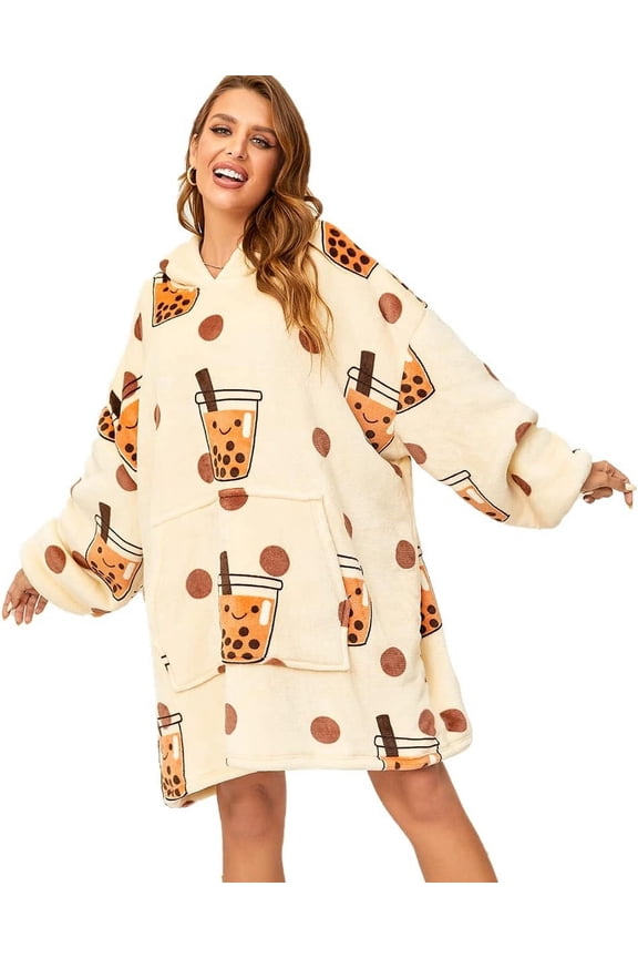 Oversized Wearable Pajamas With Big Pockets,Soft Plush Sweatshirt Hooded Popular Tops One Size Fits
