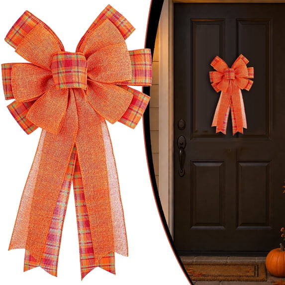Oversized Weatherproof Burlap Fall Decorative Bow with Long Ribbons, Pre-Shaped Harvest Tree Topper Ornament for Family Thanksgiving Christmas Party Wreath & Entryway Layout