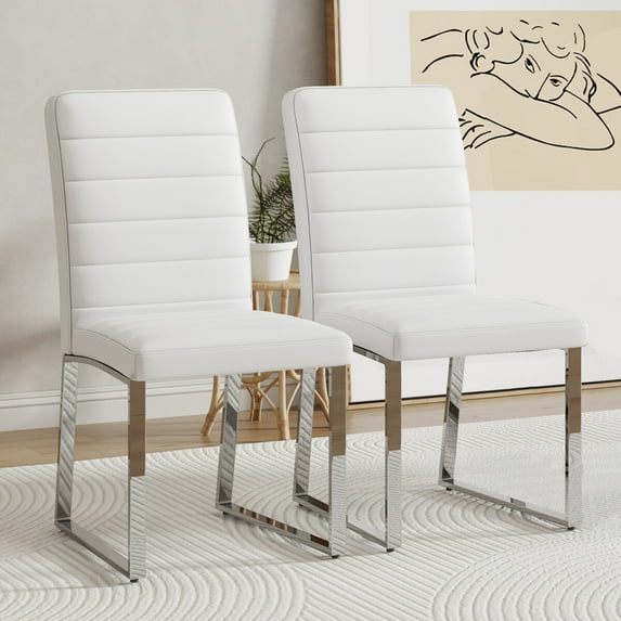 Oversized White Dining Chairs with PU Leather Backrest & Silver Metal Legs - Durable, Ergonomic Seating for Home Dining Rooms or Office Spaces - Easy Assembly