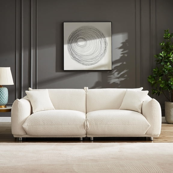 Oversized White Sherpa Loveseat Sofa, 3 Seater Sofa with Metal Legs, Solid Wood Frame Couch with 2 Pillows, Modern Living Room Accent Sofas for Apartment Office