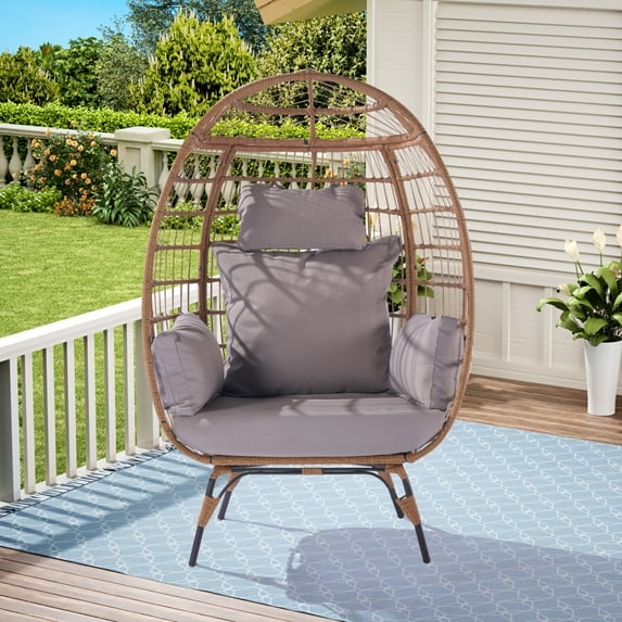 Oversized Wicker Egg Chair with 5 Comfort Cushions, Rattan Lounge Basket with Strong Heavy-Duty Steel Frame, for Indoor Outdoor Patio Backyard Living Room, Light Grey