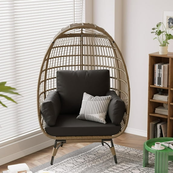 Oversized Wicker Egg Chair with Metal Stand, Waterproof & UV Resistant, Thick Removable Cushion, Indoor Outdoor Patio Lounge, PE Rattan Egg-Shaped Seat for Garden, Balcony, Porch - Black