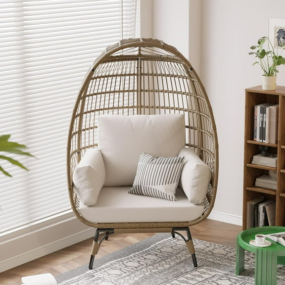 Oversized Wicker Egg Chair with Metal Stand, Waterproof & UV Resistant, Thick Removable Cushion, Indoor Outdoor Patio Lounge, PE Rattan Egg-Shaped Seat for Garden, Balcony, Porch - Beige