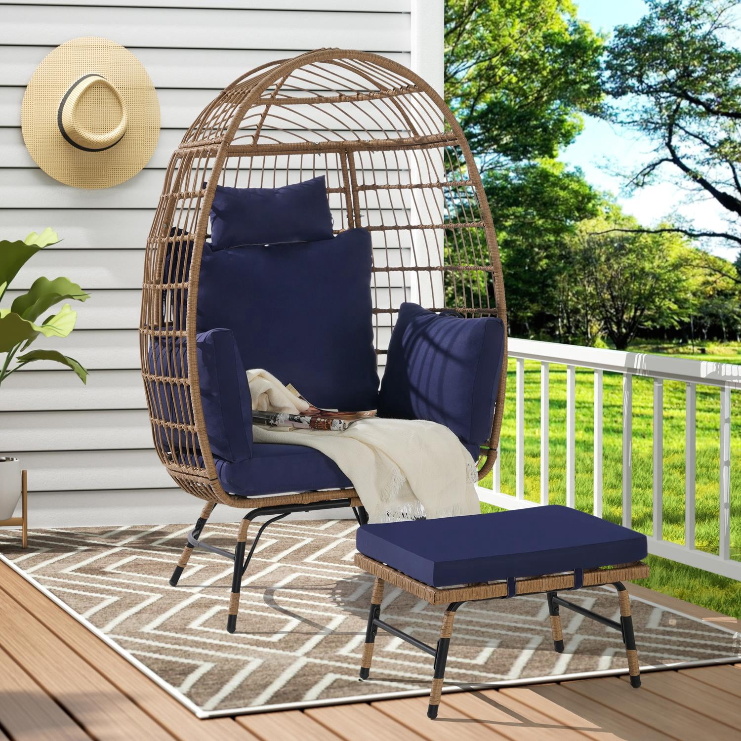 Oversized Wicker Egg Chair with Ottoman, Rattan Egg Chair Indoor Outdoor, Large Egg Chair with Thick Cushions for Porch, Backyard, Extra Wide, Dark Blue