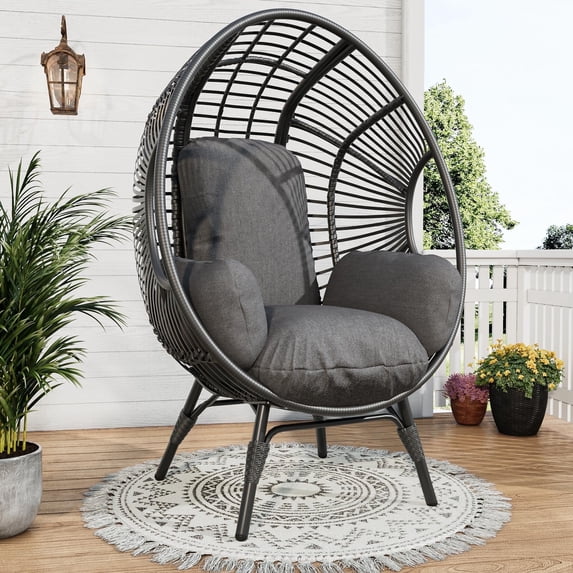 TQKVIPI Oversized Egg Chair Outdoor Indoor,Patio Lounge Chair with Thicken Cushions & Durable Steel Frame, Egg Basket Chair 500lbs Capacity for Garden, Backyard, Porch,Bedroom (Black-Regular)