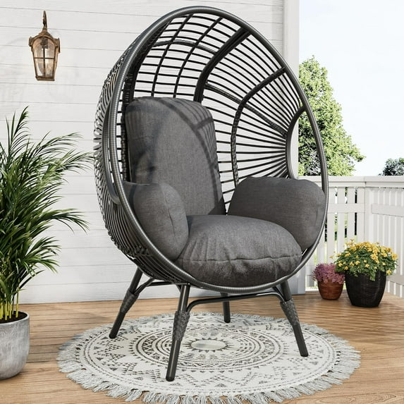 Oversized Wicker Egg Chair Outdoor Indoor,Patio Lounge Chair with Thicken Cushions, Egg Basket Chair 500lbs Capacity for Garden, Backyard, Porch,Bedroom (Black-Regular, 1pcs)
