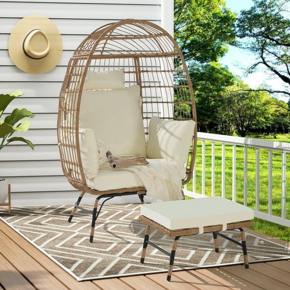 Oversized Wicker Egg Chair Set - 600lbs Capacity Weather-Resistant Rattan with Ottoman & Thick Cushions, Indoor/Outdoor Hanging Chair for Porch/Backyard/Balcony (Grey)