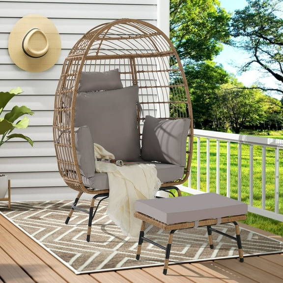 Oversized Wicker Egg Chair Set - 600lbs Capacity Weather-Resistant Rattan with Ottoman & Thick Cushions, Indoor/Outdoor Hanging Chair for Porch/Backyard/Balcony (Light Grey)