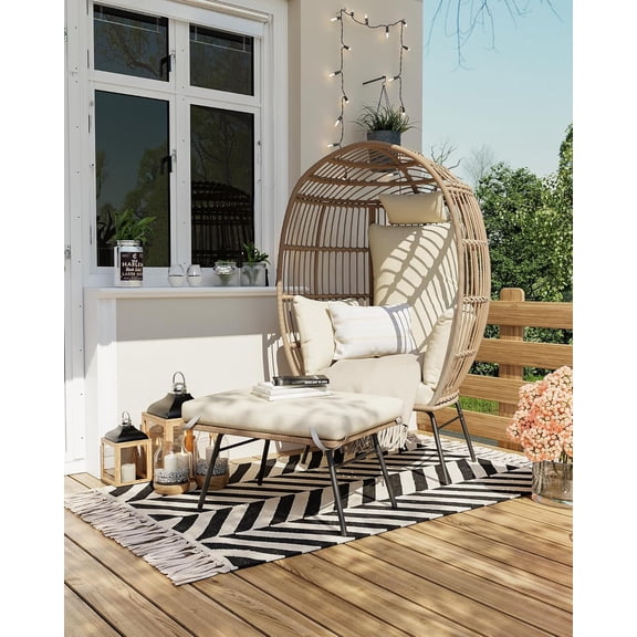 Oversized Wicker Egg Chair with Ottoman - Includes Thick Cushion for Indoor or Outdoor Use, Beige
