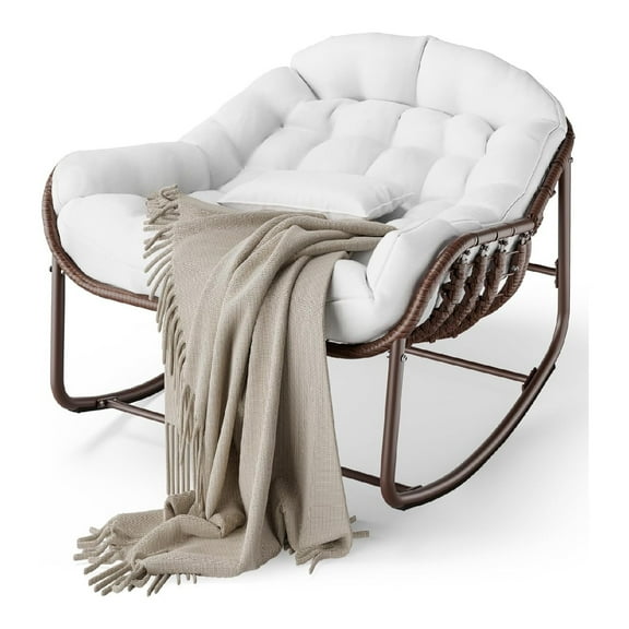 Oversized Wicker Papasan Rocking Chair with Cushion – Outdoor Egg-Shaped Rocker for Patio, Porch, Balcony & Backyard – Sturdy Metal Frame, Rattan Lounge Chair, Comfortable Swing Chair for Relaxation