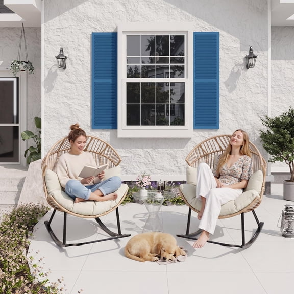 Oversized Wicker Rocking Egg Chair – Ergonomic Rattan Patio Lounge, Extra-Soft Pillow, Thick light beige color Cushion,Black Spray Plastic + Brown Rattan + light beige color Cushion