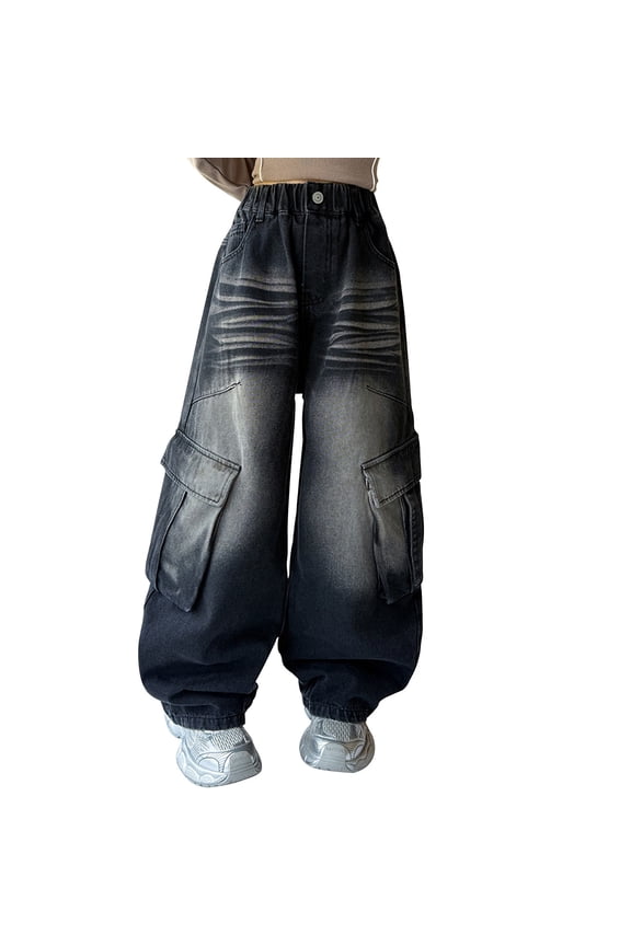 Oversized Wide Leg Denim Cargo Pants for Girls, Classic Retro 2000s Skater Streetwear Jeans, Knee Cargo Pockets, School