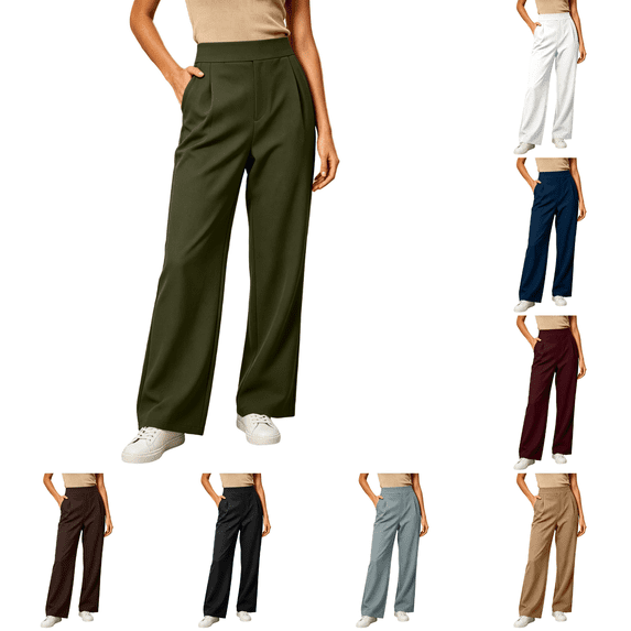 Hulanddfd Women Pants High Waist Pleated Wide Leg Straight Loose Fit Casual Trousers Lightweight Comfortable Everyday Wear