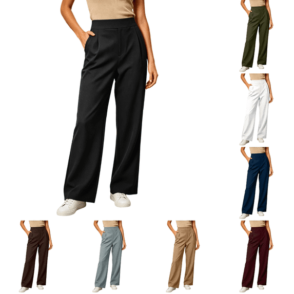 Hulanddfd Women Pants High Waist Pleated Wide Leg Straight Loose Fit Casual Trousers Lightweight Comfortable Everyday Wear