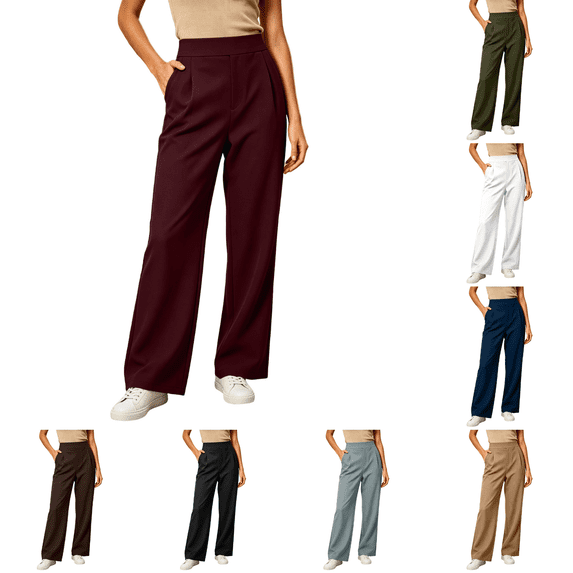 Hulanddfd Women Pants High Waist Pleated Wide Leg Straight Loose Fit Casual Trousers Lightweight Comfortable Everyday Wear