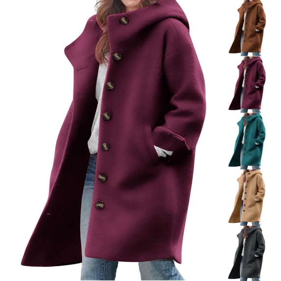 Oversized Wind Resistant Hood Coat For Women, Single Breasted Mid Length Windproof Jacket